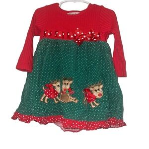 Rare too Red and Green Polka Dot reindeer Christmas Dress 3T corduroy